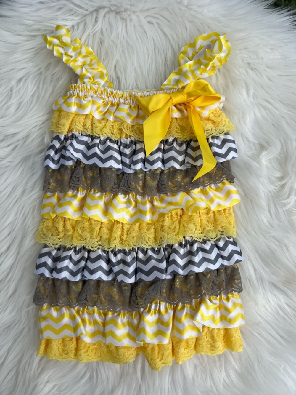 Yellow Chevron & Gray Ruffle Baby Girl One-Piece Romper